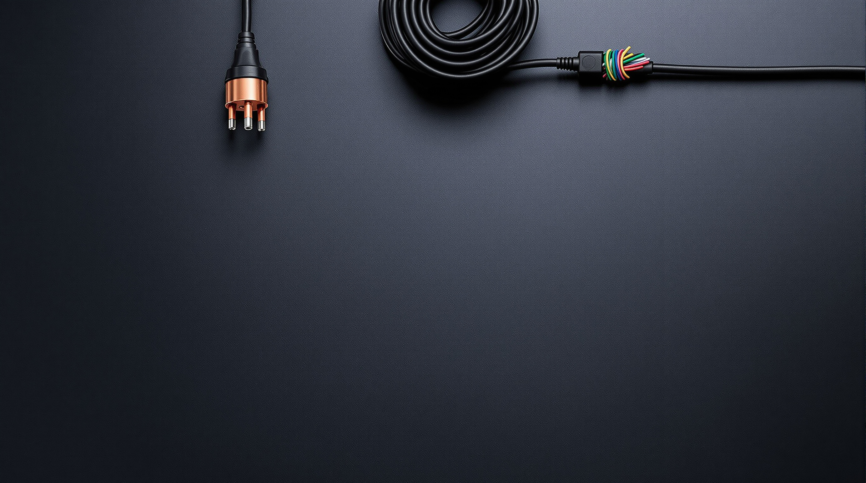 Assorted power cords, plugs and cordsets arranged on a technical surface