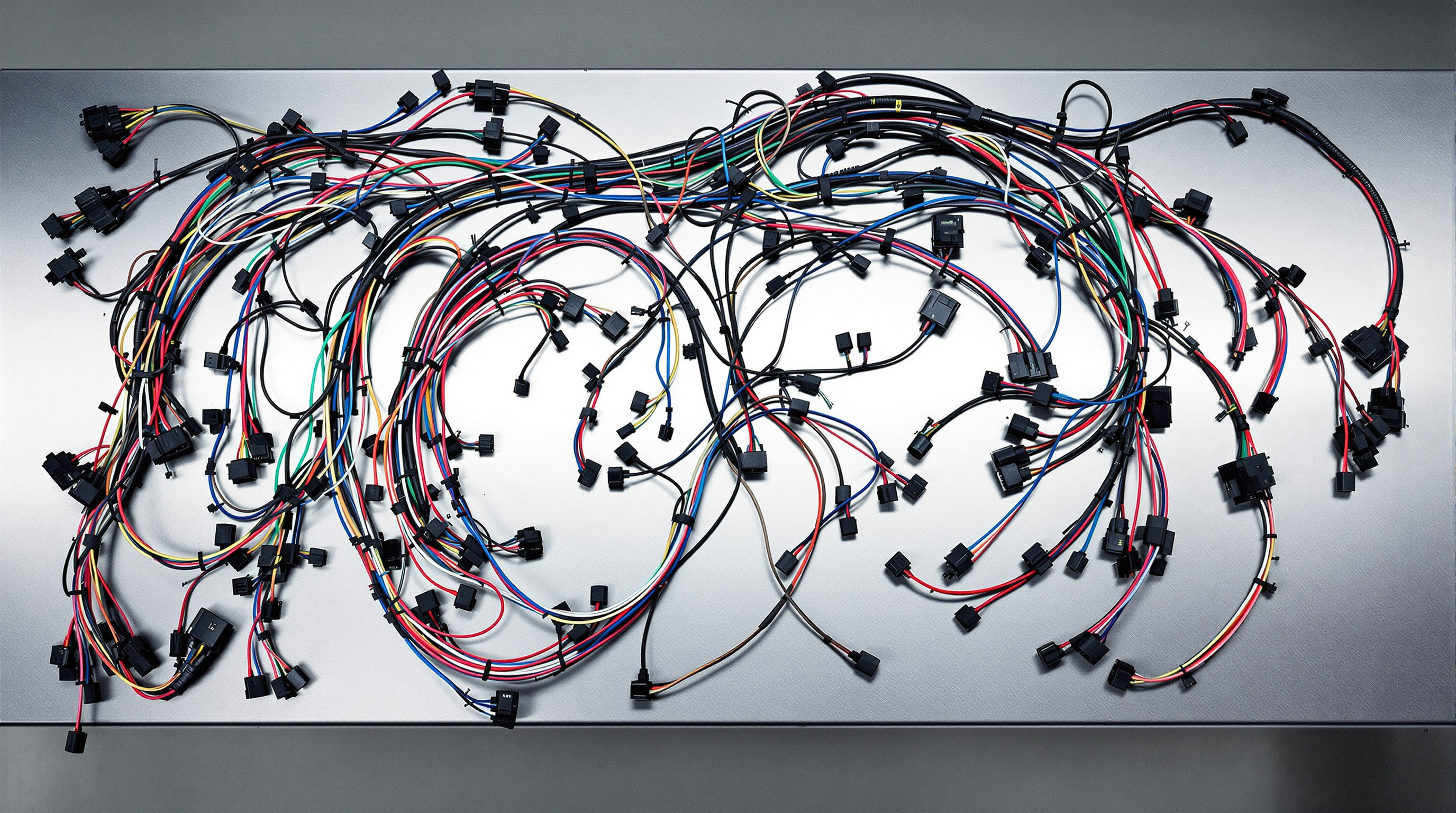 Wire harness with colored conductors, breakouts and connectors on a workbench